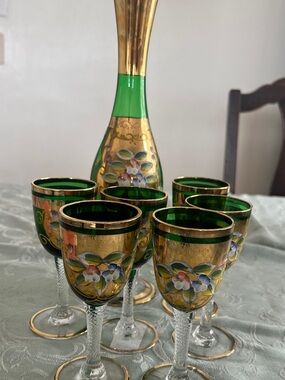 8 Piece Gilt And Enameled Green And Gold Decanter Glass Set